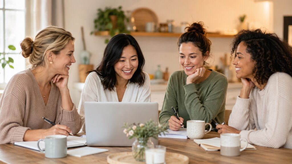 Vier Frauen sitzen gemeinsam mit Laptop und Notizblöcken an einem Tisch und tauschen sich in entspannter Atmosphäre aus.