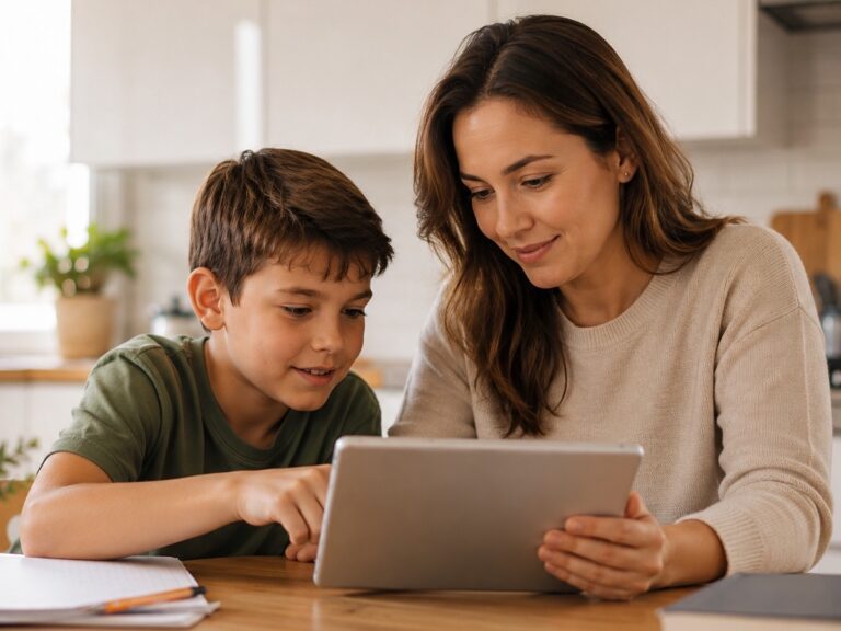 Mutter und Kind schauen gemeinsam auf ein Tablet am Küchentisch.