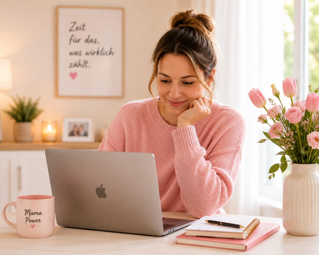 Frau nutzt KI am Laptop, um ihren Familienalltag einfacher zu organisieren.
