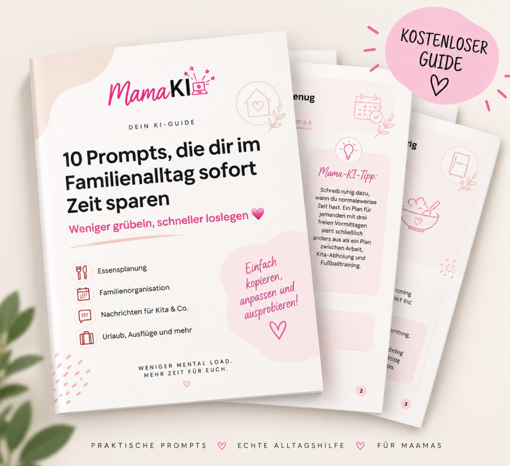 Kostenloser Mama-KI-Guide: 10 Prompts, die dir im Familienalltag sofort Zeit sparen.